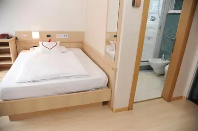a hospital room with a bed and a bathroom at Hotel Sole Family Hotel in Predazzo