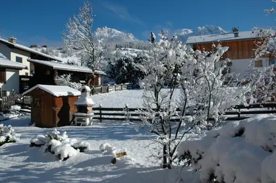 a snow covered yard with a fence and a tree at Apartments Primula in San Vigilio Di Marebbe