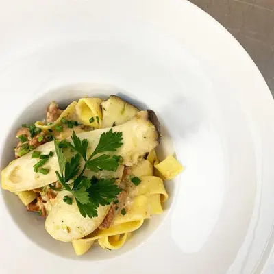a bowl of pasta with parsley on a white plate at Hotel Waldhof in Perca