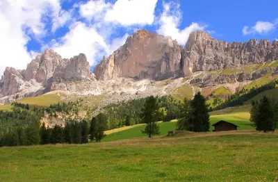 a mountain range with a green field and a barn at Hotel Piné in Tires