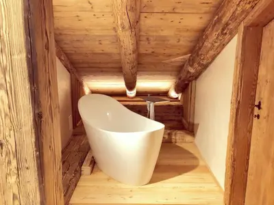 a bathroom with a white tub in a wooden ceiling at Luxury Cortina in Cortina dʼAmpezzo