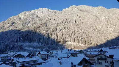 a snowy mountain with a town and houses in front at Casa Bedovina in Predazzo