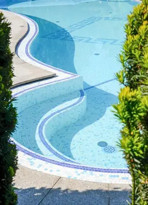a swimming pool with blue water and bushes at Hotel Garni Günther in Postal