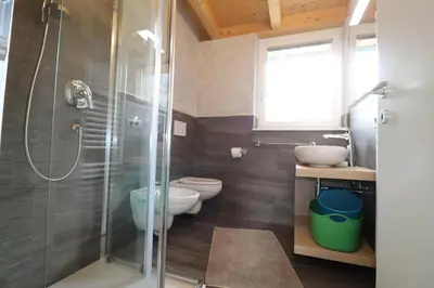 a bathroom with a shower and a toilet and a sink at Casa Ciroch in Moena