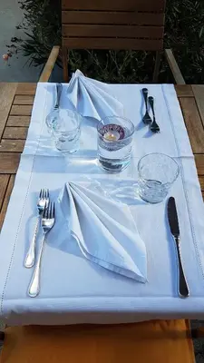 a blue table with utensils on a blue table cloth at Bed&Breakfast Pension Hilpold in Lana