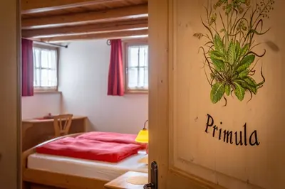 a room with a bed and a door with a bedroom at Agriturismo Maso Santa Libera in Tesero