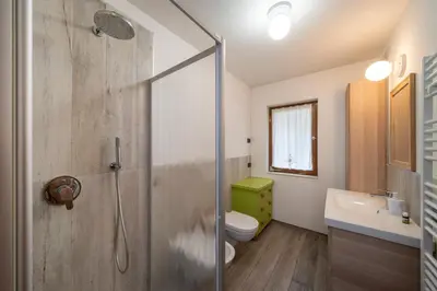 a bathroom with a shower and a toilet and a sink at Casa del Salice in Carano