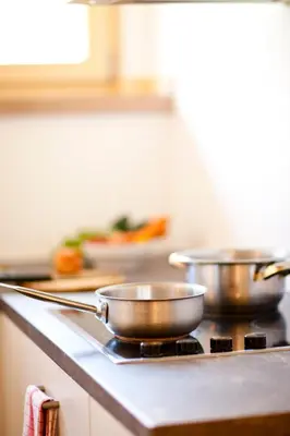 two metal pots on a stove in a kitchen at Hotel Zum Löwen - Al Leone in Meltina