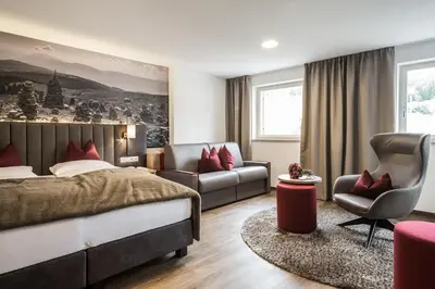 a bedroom with a bed and a couch and a chair at Hotel Zum Löwen - Al Leone in Meltina