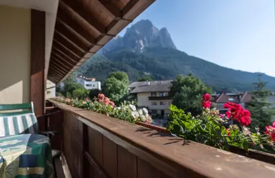 a balcony with flowers and a view of a mountain at Activehotel Diana in Siusi