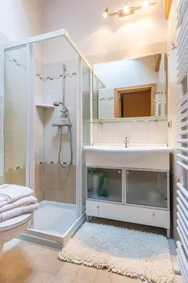 a bathroom with a shower and a sink at Holiday Apartments Val Moena 1 in Cavalese