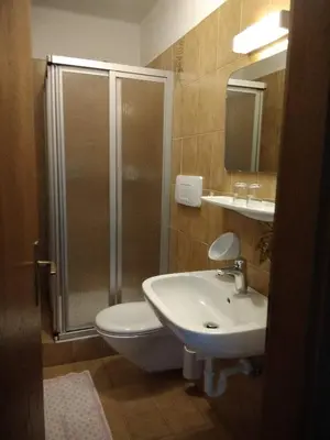 a bathroom with a shower and a toilet and a sink at Mühlhaus in Schenna