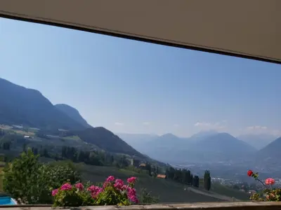 a view of a valley with mountains and flowers at Mühlhaus in Schenna