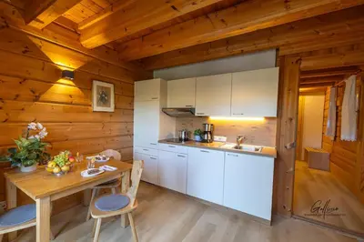 a kitchen with a table and a wooden wall at Schlossblick in Vols am Schlern