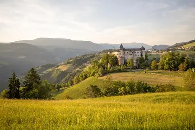 a castle on a hill in a green field at Schlossblick in Vols am Schlern