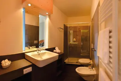 a bathroom with a sink and a toilet and a shower at The Vista Hotel in Bressanone