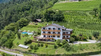 an aerial view of a house in a hill with a pool at Garni Oberanger in Tirolo