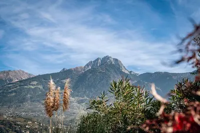 a mountain in the distance with a view of a city at Landhaus Hotel Kristall in Marlengo