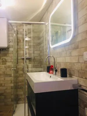 a bathroom with a sink and a shower at Casa di Micky in Canale San Bovo