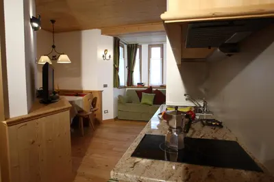 a kitchen with a sink and a living room at Apartments Sol E Nef in Rocca Pietore