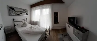 a bedroom with a bed and a television in it at Landhaus Weingut in Cornaiano