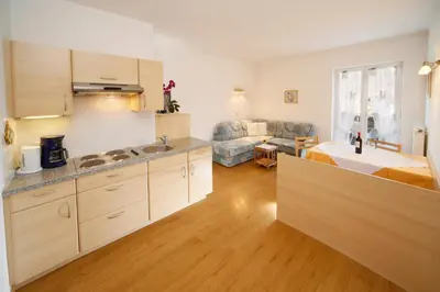 a kitchen with wooden cabinets and a living room at Ferienwohnungen Wieserhof in Andrian in Andrian