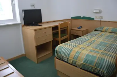 a bedroom with a bed and a desk with a television at Sport Hotel Pampeago in Tesero