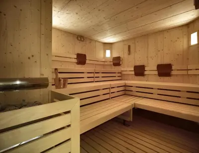 a sauna with wooden benches in a room at Color Home Suite Apartments in Predazzo