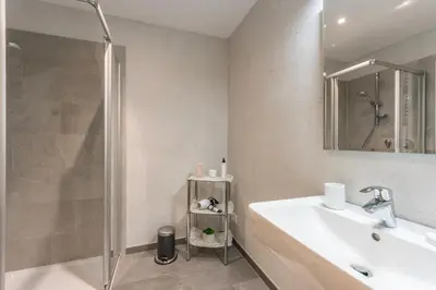 a bathroom with a shower and a sink and a mirror at Alfred Ties Apartments in San Vigilio Di Marebbe