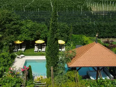 an overhead view of a swimming pool with umbrellas at Hotel FleurAlp in Cermes