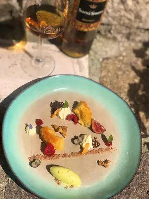 a plate of food on a table with a glass of wine at Hotel Alpenland in Moso