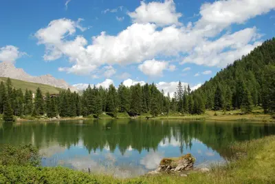 a lake in the mountains with trees and clouds at Hotel Cristallo in Passo San Pellegrino