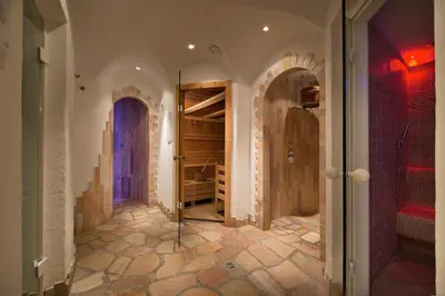 a room with a walk in closet and a glass door at Hotel Cristallo in Passo San Pellegrino