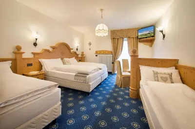a hotel room with two beds and a window at Hotel Cristallo in Passo San Pellegrino