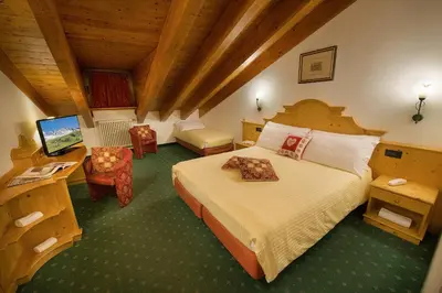 a bedroom with a bed and a desk with a television at Hotel Cristallo in Passo San Pellegrino