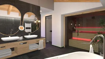 a bathroom with two sinks and a large mirror at Hotel Stoeres - Active wellbeing in San Cassiano