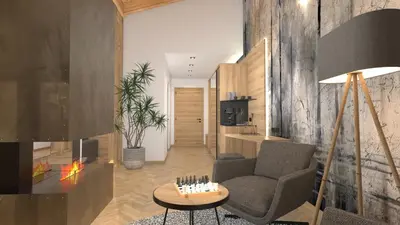 a living room with a couch and a fireplace at Hotel Stoeres - Active wellbeing in San Cassiano
