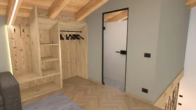 a hallway with a door and wooden walls at Hotel Stoeres - Active wellbeing in San Cassiano