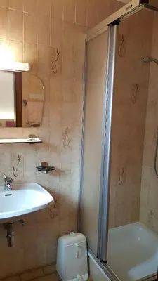 a bathroom with a shower and a sink and a toilet at Hotel Pension Moarhof in Vallarga