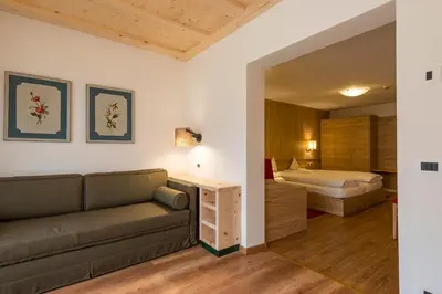 a living room with a couch and a bed at La Stua in San Cassiano