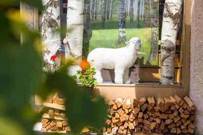 a statue of a sheep standing in a window at Hotel Weisses Lamm in Monguelfo