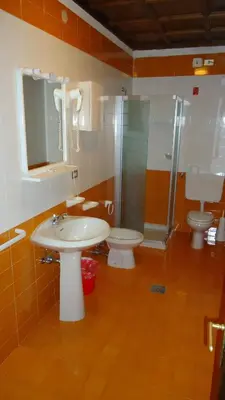 a bathroom with a sink and a toilet and a shower at Residence Regina Delle Dolomiti in Rocca Pietore