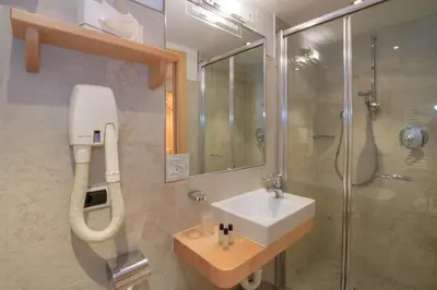 a bathroom with a sink and a shower at Hotel Garni Snaltnerhof in Ortisei
