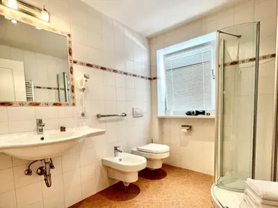 a bathroom with a sink and a toilet and a shower at Enjoy Dolomites - Chalet in Santa Cristina in Val Gardena