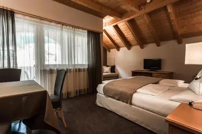 a hotel room with a bed and a desk and a chair at Hotel Garni Villa Park in Ortisei