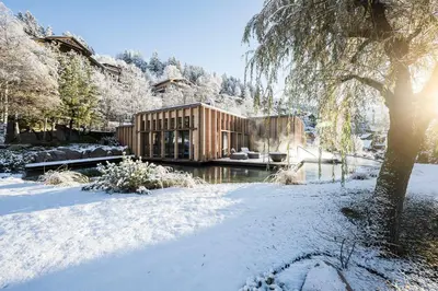 a house in the winter with snow on the ground at Adler Spa Resort Dolomiti in Ortisei