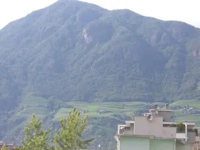 a mountain with green hills and a building in front at Hotel Ariston in Bolzano