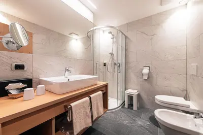 a bathroom with a sink and a shower and a toilet at Hotel Goldene Rose in Monguelfo
