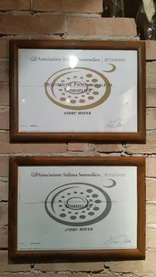 two framed signs hanging on a brick wall at Alpentirolis in Tirolo