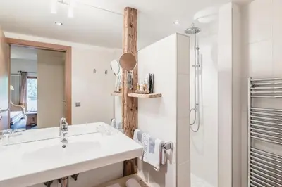 a bathroom with a sink and a shower at Hotel Bad Schörgau in Sarntal